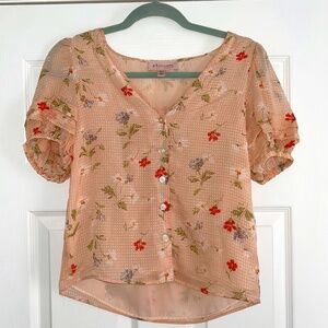 philosophy Republic Women's Puff Sleeve Floral Top Blouse Pink Button-Up, XS